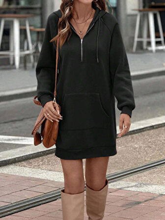 Kadın Kapüşonlu Sweatshirt Elbise Fermuarlı Cepli Uzun Kollu Siyah