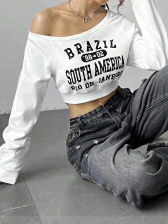 Kadın Beyaz Brazil South America Baskılı Omzu Açık Crop Sweatshirt