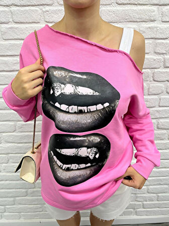 Kadın Pembe Oversize Sweatshirt – Baskılı Dudak Desenli, Sokak Stili, Rahat Kesim