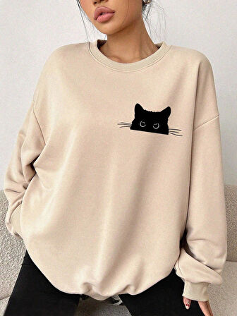 Ekru Oversize Geniş Kalıp 3 İplik Şardonlu Sweatshirt – Bisiklet Yaka Kedili Baskılı Kalın Sweat