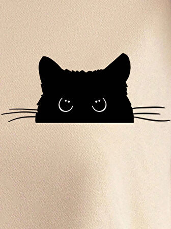 Ekru Oversize Geniş Kalıp 3 İplik Şardonlu Sweatshirt – Bisiklet Yaka Kedili Baskılı Kalın Sweat