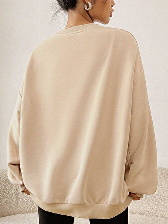 Ekru Oversize Geniş Kalıp 3 İplik Şardonlu Sweatshirt – Bisiklet Yaka Kedili Baskılı Kalın Sweat