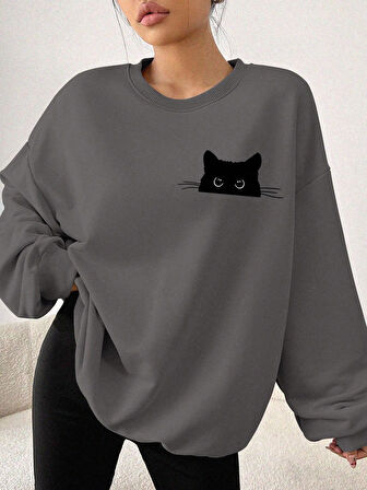 Füme Oversize Geniş Kalıp 3 İplik Şardonlu Sweatshirt – Bisiklet Yaka Kedili Baskılı Kalın Sweat