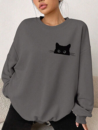 Füme Oversize Geniş Kalıp 3 İplik Şardonlu Sweatshirt – Bisiklet Yaka Kedili Baskılı Kalın Sweat