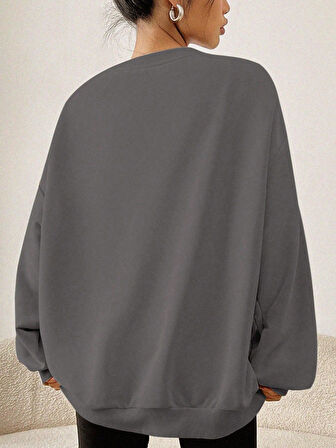 Füme Oversize Geniş Kalıp 3 İplik Şardonlu Sweatshirt – Bisiklet Yaka Kedili Baskılı Kalın Sweat