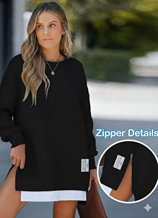 Kadın Oversize Sweatshirt Yan Fermuar Detaylı Uzun Kollu Siyah Tunik