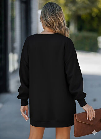 Kadın Oversize Sweatshirt Yan Fermuar Detaylı Uzun Kollu Siyah Tunik