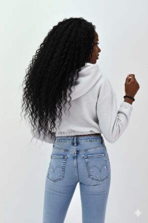 Kadın Neon Christian Drop Yazılı Kapüşonlu Crop Kesim Gri Sweatshirt Nakış İşlemeli