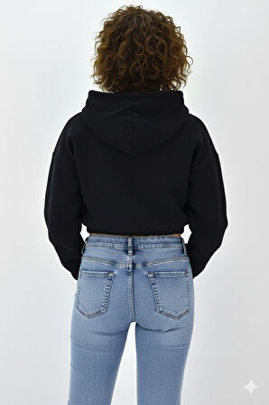 Kadın Neon Christian Drop Yazılı Kapüşonlu Crop Kesim Siyah Sweatshirt Nakış İşlemeli