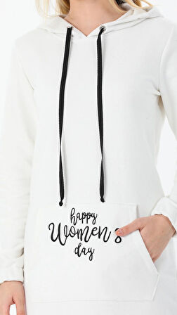 Kadın Uzun Boy Happy Women's Day Yazılı Beyaz Kapüşonlu Cepli Elbise