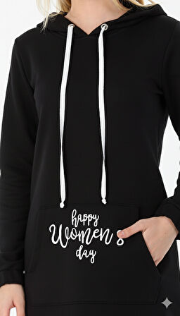 Kadın Uzun Boy Happy Women's Day Yazılı Siyah Kapüşonlu Cepli Elbise