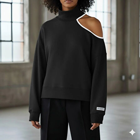 Modern Açık Omuz (Tek Omuz) Balıkçı Yaka Kadın Sweatshirt - Siyah Rengi