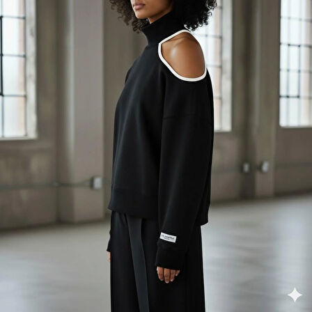 Modern Açık Omuz (Tek Omuz) Balıkçı Yaka Kadın Sweatshirt - Siyah Rengi