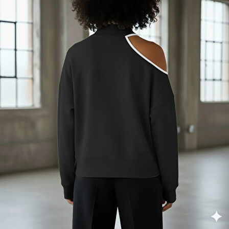 Modern Açık Omuz (Tek Omuz) Balıkçı Yaka Kadın Sweatshirt - Siyah Rengi
