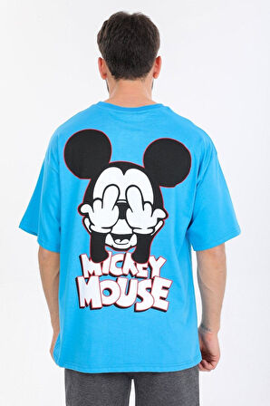 Oversize Mickey Mouse Logolu Mavi T-shirt