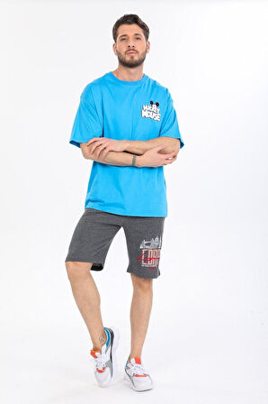 Oversize Mickey Mouse Logolu Mavi T-shirt