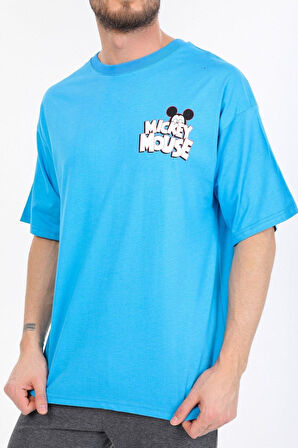 Oversize Mickey Mouse Logolu Mavi T-shirt
