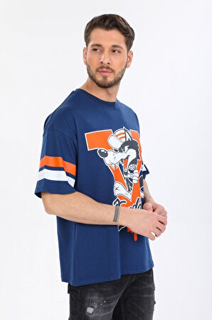 Oversize Kurt Desenli Mavi T-shirt