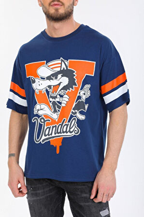 Oversize Kurt Desenli Mavi T-shirt