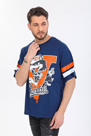 Oversize Kurt Desenli Mavi T-shirt