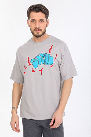 Oversize Social Yazılı Gri T-shirt