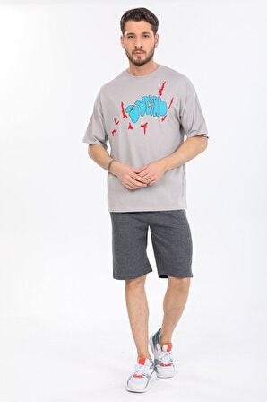 Oversize Social Yazılı Gri T-shirt