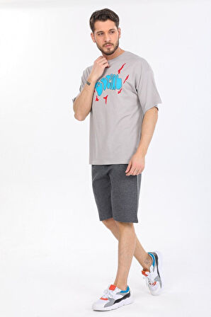 Oversize Social Yazılı Gri T-shirt