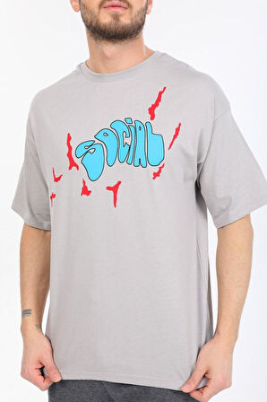 Oversize Social Yazılı Gri T-shirt