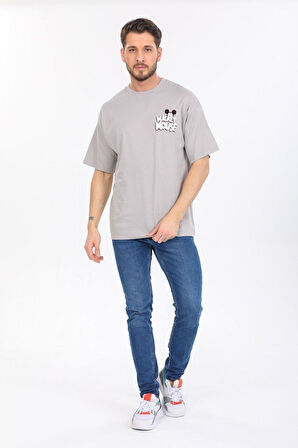 Oversize Mickey Mouse Logolu Gri T-shirt