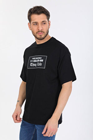 Oversize Thug Life Yazılı Siyah T-shirt