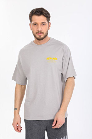 Oversize New Age Yazılı Gri T-shirt
