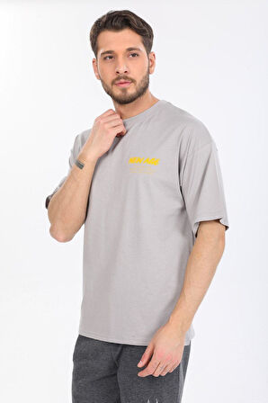 Oversize New Age Yazılı Gri T-shirt