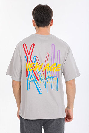 Oversize New Age Yazılı Gri T-shirt