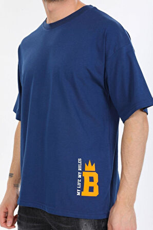Oversize Minimal Tasarım Detaylı Mavi T-shirt