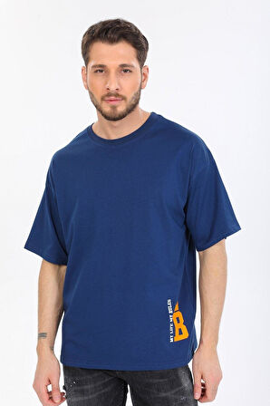 Oversize Minimal Tasarım Detaylı Mavi T-shirt