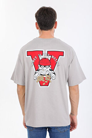 Oversize Hırsız Desenli Gri T-shirt