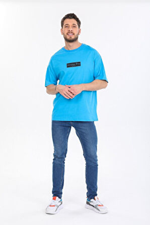 Oversize Logo Ve Istanbul Yazılı Mavi T-shirt