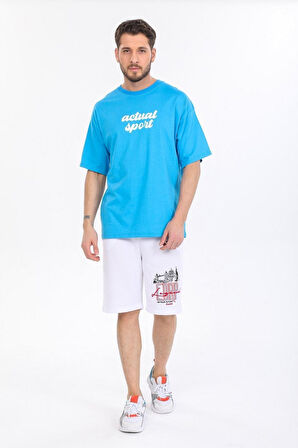 Oversize Actual Sport Yazılı Mavi T-shirt