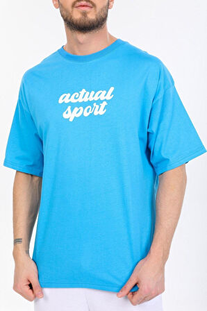 Oversize Actual Sport Yazılı Mavi T-shirt