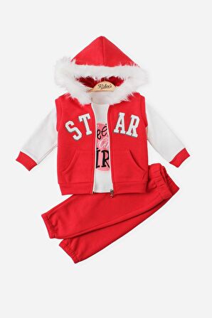 Star Nakışlı Yelekli Bebek 3lü Takım Içi Pamuklu