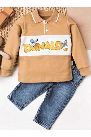 Erkek Bebek Gömlek Kısa Kollu Pantolon Ikili Takım Donald Baskılı Ördekli %100 Pamuklu