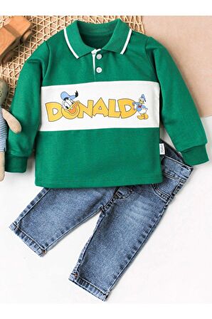 Erkek Bebek Gömlek Kısa Kollu Pantolon Ikili Takım Donald Baskılı Ördekli %100 Pamuklu