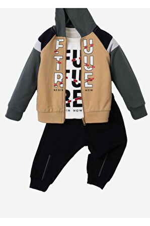 Future Baskılı Kapüşonlu Pamuk Bebek Takım 3’lü Takım hırka Sweatshirt Alt