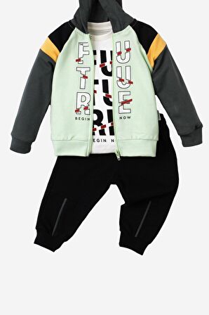 Future Baskılı Kapüşonlu Pamuk Bebek Takım 3’lü Takım hırka Sweatshirt Alt