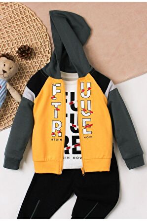 Future Baskılı Kapüşonlu Pamuk Bebek Takım 3’lü Takım hırka Sweatshirt Alt