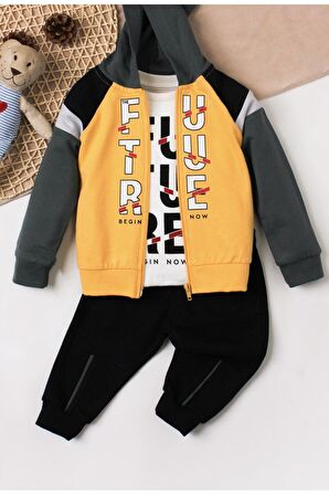 Future Baskılı Kapüşonlu Pamuk Bebek Takım 3’lü Takım hırka Sweatshirt Alt