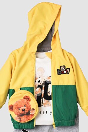 Erkek Bebek Kapüşonlu Yağmurluk Rüzgarlık Ayıcıklı Çantalı 4lü Bebek Takımı