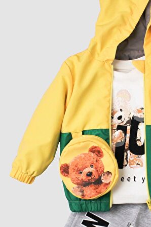 Erkek Bebek Kapüşonlu Yağmurluk Rüzgarlık Ayıcıklı Çantalı 4lü Bebek Takımı