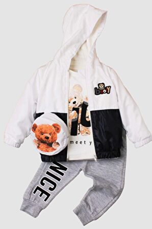 Erkek Bebek Kapüşonlu Yağmurluk Rüzgarlık Ayıcıklı Çantalı 4lü Bebek Takımı