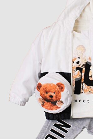 Erkek Bebek Kapüşonlu Yağmurluk Rüzgarlık Ayıcıklı Çantalı 4lü Bebek Takımı